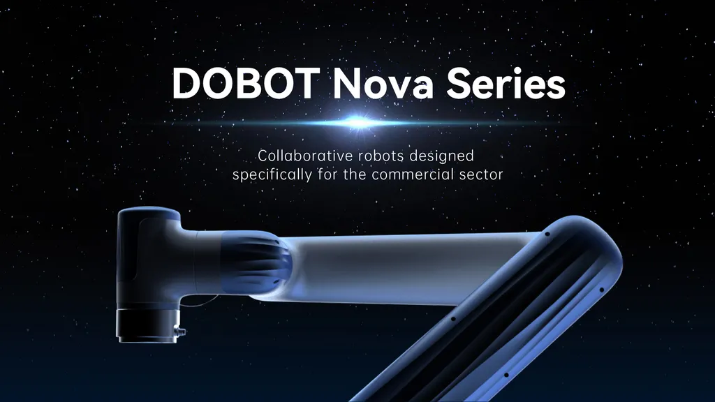 Dobot Nova 5 collaborative robot arm on a factory workbench