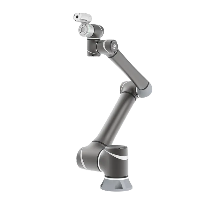 A white Techman TM12 collaborative robot arm posed on a white studio background, its integrated camera-and-screen end effector visible near the wrist.