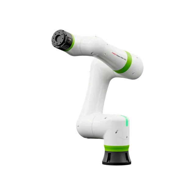 A white and green FANUC CRX-3iA collaborative robot arm posed against a plain white studio background, with a FANUC Robot CRX-3iA nameplate visible on its forearm