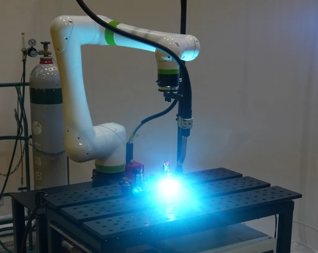 A white FANUC CRX collaborative robot with green banding arc-welds on a perforated black steel table, a bright blue arc glare at the torch tip, with a gas cylinder standing at the left of the frame