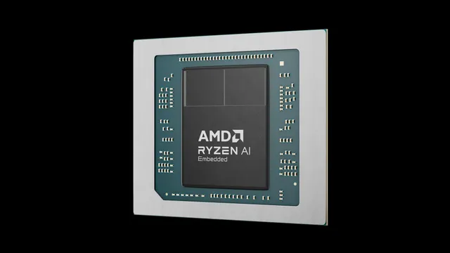 A rendered close-up of an AMD Ryzen AI Embedded processor package, showing the chip die stamped 'AMD RYZEN AI Embedded' at the center of a green substrate surrounded by surface-mount components, against a black background