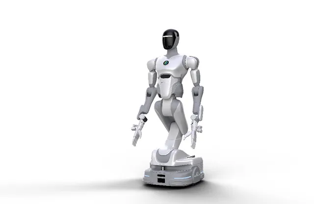 AI2 Robotics' AlphaBot — a white humanoid upper body with a dark visored head and two dexterous arms, mounted on a wheeled mobile base instead of legs — posed against a plain white studio backdrop.