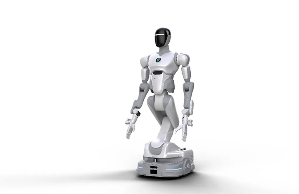 AI2 Robotics' AlphaBot — a white humanoid upper body with a dark visored head and two dexterous arms, mounted on a wheeled mobile base instead of legs — posed against a plain white studio backdrop.