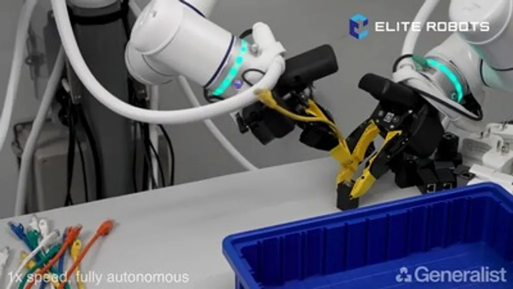 A white Elite Robots collaborative arm with an illuminated gripper picking a wired connector from a workbench next to a blue parts bin, with an on-screen caption reading 1x speed, fully autonomous.