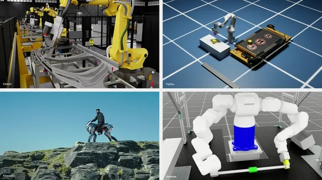 A four-panel press collage: FANUC's yellow industrial arms on an automotive assembly line, a Fujitsu digital-twin simulation of a robot inspecting a cart, a person wearing a Kawasaki wearable exoskeleton walking rocky terrain, and a white Yaskawa dual-arm robot manipulating a blue cylinder in a lab setting