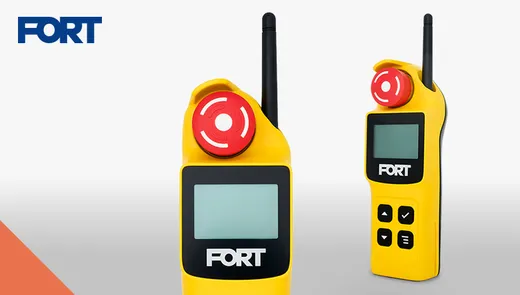 Two yellow FORT Wireless E-Stop handheld devices, each with a red emergency-stop button, antenna and LCD screen, on a light gray background beside the FORT Robotics logo.